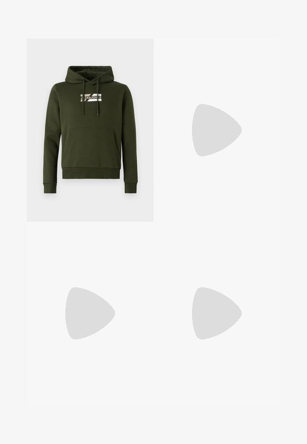 Olive green hoodie made of soft fabric, featuring a front kangaroo pocket, ribbed cuffs, and drawstrings with a white logo on the chest.; Two crew-neck t-shirts in black and olive green, made of soft cotton fabric. The design is simple with short sleeves and a straight cut.; Black athletic pants made of textured fabric, featuring an adjustable waistband, zippered side pocket, and tapered cuffs.; White leather sneakers with a thick cream sole, navy heel accent, and side logo. Smooth texture, minimalist design, featuring lace-up closure.