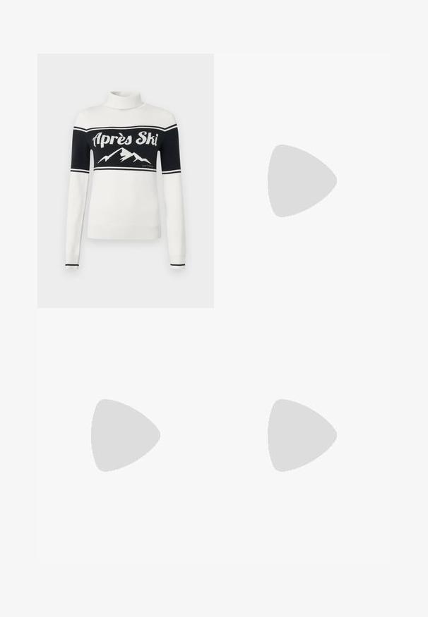 Suéter de cuello alto blanco con sección superior negra, texto "Après Ski" y gráfico de montaña en el pecho, puños y dobladillo acanalados.; Pantalones de pierna ancha en tejido gris oscuro, con una cintura alta, pliegues simples y una textura suave con un acabado limpio en los dobladillos.; Tacones slingback de cuero negro con punta afilada, pequeño tacón kitten y un detalle de nudo decorativo en la parte frontal. Textura suave en toda la superficie.; Bolso de mano de imitación cuero negro con textura de cocodrilo, parte superior fruncida y correa arrugada. Presenta un diseño suave y compacto.