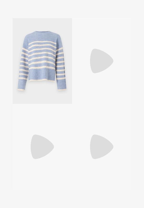 Pieces PCLINE O NECK - Pulover - faded denim; Beige kordurojske hlače s sproščenim krojem, ki imajo vrvico za prilagajanje pasu, dva sprednja žepa in vertikalno rebrasto teksturo.; Svetlo sivi tenisice od antilopa i mrežaste tkanine, s tri bijele pruge, okruglim vrhom i gumenim potplatom. Zlatni logo akcent blizu vezica.; Zeleni top brez rokavov z čipkastim detajlom na rami in izrezu, s prilegajočim dizajnom in mehkim materialom. V kombinaciji s svetlo obarvanimi hlačami.