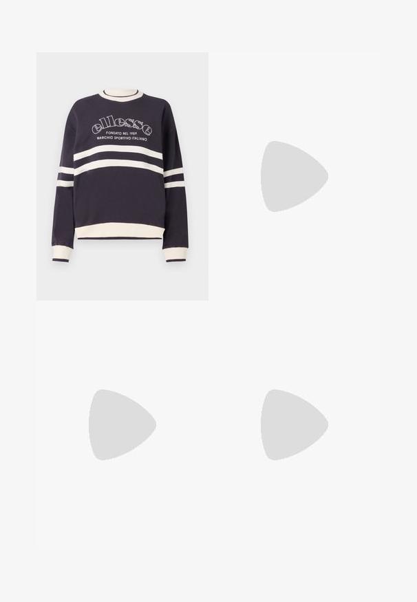 Navy ribbed sweatshirt with cream stripes. Features embroidered logo and text. Long sleeves with fitted cuffs and a classic crew neckline.; Wide-leg jeans made of dark blue denim. High-waisted design with a zip fly and button closure. Features classic five-pocket styling and hemmed edges.; Nike Sportswear FIELD GENERAL - Trainers - off-white/black; Dark blue denim bag with a soft, slouchy shape, featuring a hobo-style handle and textured surface. No visible hardware accents.