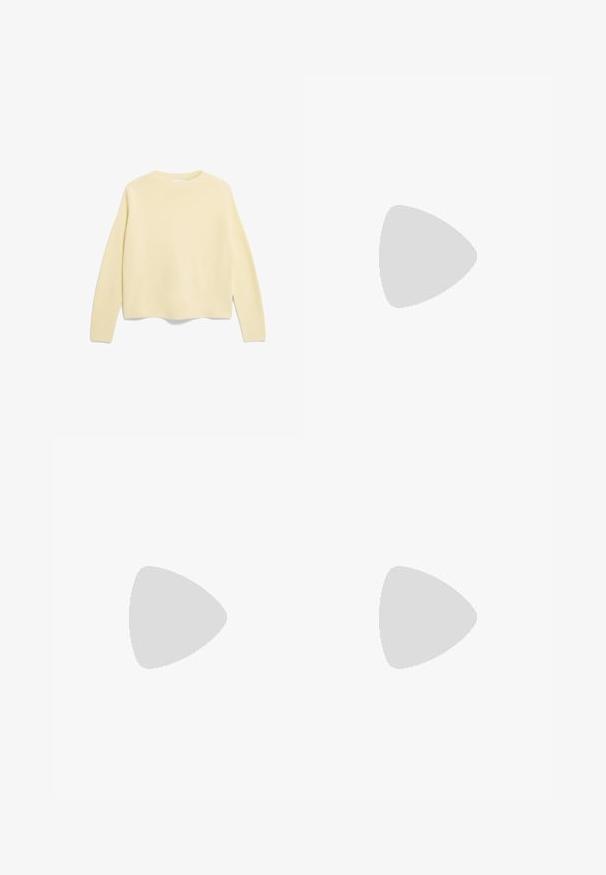 ARMEDANGELS MERINAA - Strickpullover - early yellow; Weite braune Jeans aus Denim, mit hoher Taille, Fronttaschen und klassischem Knopfverschluss. Glatte Textur mit feinen Nähten.; Braune Wildleder-Plateau-Stiefel mit cremefarbener Fellfütterung, kombiniert mit weiten Denim-Hosen mit fransigen Säumen und einem helleren Denim-Bündchen.; Braune Lederhandtasche mit gerafftem Oberteil und Kettenriemen. Glatte Textur mit glänzendem Finish und subtilen Nahtdetails an den Seiten.