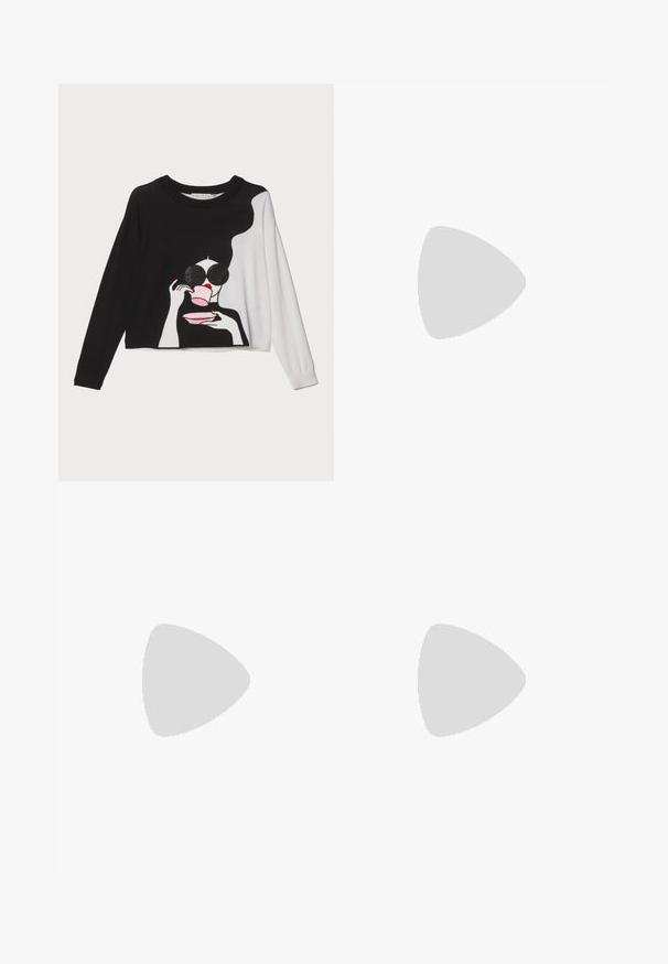 Alice + Olivia Stickad tröja - black/soft white/multi; Ljust beige skräddarsydda byxor med rak passform, utrustade medveck fram, en slät yta och en midjehöjd som är medelhög. Inga synliga fickor.; Beige högklackade sandaler med minimalistisk design, med två cirkulära detaljer och en kraftig klack. Tillverkade av mjukt läder.; Svart läderaxelväska med två framfickor, guldspännen, dragkedjestängning och en smal rem. Texturerad yta och kompakt rektangulär form.