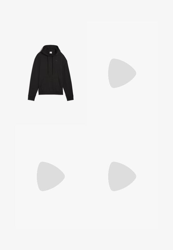 Črn pulover s kapuco iz mehkega materiala, ki ima kenguru žep, kapuco z vrvico in majhen logotip na prsih.; Črne, lahke hlače z elastičnim pasom in nabranimi gležnji. Tkanina je gladka in ima sproščen, taperiran dizajn.; Bele platformske tene z belim zgornjim delom, ki spominja na usnje, okroglo obliko, oblazinjen ovratnik ter gumo z teksturo na podplatu z izrazitimi profili.; Črna torba v obliki tote iz gladke usnjene površine, ki ima ukrivljen odprt vrh z dvema naramnicama in minimalističnim dizajnom.