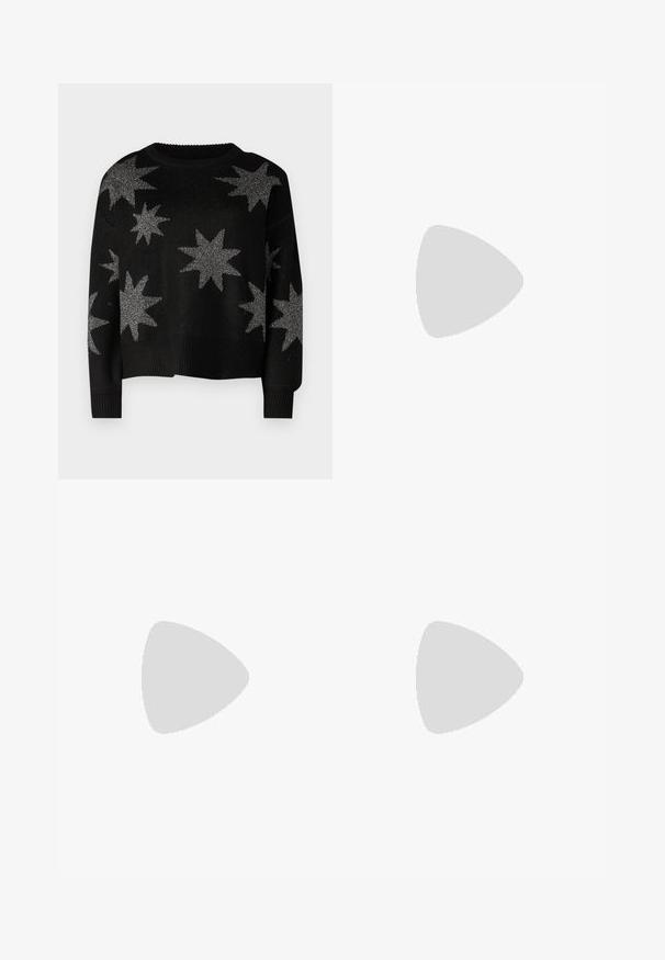 Black knit sweater featuring silver star patterns, a round neckline, and ribbed cuffs and hem. Soft texture with a relaxed fit.; Wide-leg denim jeans in a light blue wash. Features a zip fly with a button closure, and subtle fading for a worn look.; Black leather platform loafers with a rounded toe and wide strap across the vamp. Features a chunky, square heel and smooth texture.; Black leather shoulder bag with a curved shape. Features a single adjustable strap and a zippered closure. Smooth texture with minimal accents.