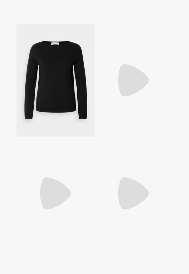 Marc O'Polo LONGSLEEVE ROUND NECK - Pulover - black; Tricou cu guler haină în navy, cu mânecă lungă. Fabricat dintr-un material moale, cu o textură netedă. Prezintă un design ajustat și un guler înalt fără cusături vizibile.; Jeans skinny cu talie înaltă din denim de culoare albastră deschisă. Prezintă cinci buzunare, închidere frontală cu nasture și detalii clasice de cusătură pe tot parcursul.; Botină din suede bej, cu vârf rotund, detalii cusute, buclă de prindere pe spate și talpă din cauciuc texturat. Proiectată pentru confort și căldură.; Geantă din piele neagră cu un design moale și lejer. Dispune de o curea plată și de un închizător central decorat cu un accent auriu.