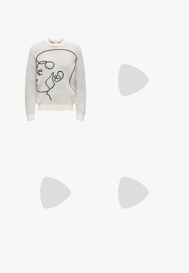 Pulôver de malha branca com um design de arte em linha preta que retrata um perfil. Apresenta um decote redondo e punhos e cós canelados. Textura suave.; Pessoa jovem com cabelo trançado a usar uma camiseta Nike cinza claro e calções Nike pretos em fundo branco liso.; Calças cargo bege em um material de algodão leve. Apresenta punhos elásticos, múltiplos bolsos laterais e um fecho de botão.; Sapatilhas de couro branco com perfurações, biqueira redonda, sola plana e atacadores grossos, apresentando um logotipo swoosh visível e "AIR" no calcanhar.