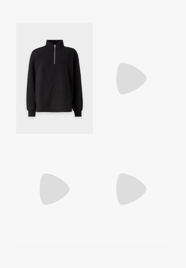 Svart genser med høy krage, halv-glidelås foran, senkede skuldre og lange ermer med elastiske mansjetter. Myk stoffstruktur.; Denim midi skjørt i en mørkeblå vask med en frontslitt, fem knapper lukking og klassiske jeans søm detaljer.; Hvite sneakers med en kraftig design, som har lær- og syntetiske materialer, teksturerte detaljer, snørebånd og en fremtredende logo i gull.; Svarte, kantete solbriller med grå linser; laget av plast, med tykke stenger som har en glatt overflate og ingen synlige festemidler.; Sølv hoops øredobber med en tvistet design, som har en polert finish og bakstøtte. Mål omtrent 3 cm i diameter.