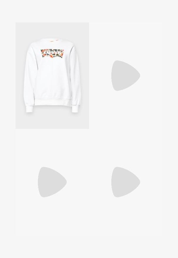 Biely bavlnený sveter s kvetinovým logom Levi's na hrudi. Dlhé rukávy s rebrovanými manžetami a klasický okrúhly výstrih.; Biela bavlnená tričko s krátkymi rukávmi a okrúhlym výstrihom. Na ľavej strane hrude sa nachádza malé červené logo Levi's.; Modré denimové rovné nohavice s vysokým pásom, dizajnom s piatimi vreckami a gombíkovým zapínaním. Výrazné švy a hnedé nitové nitovanie.; Biele platformové tenisky s hladkou koženou textúrou, perforovanými detailami a plochými šnúrkami; majú hrubú bielu gumovú podrážku.