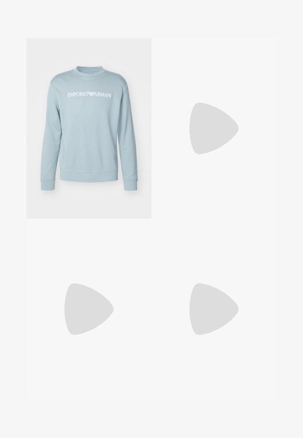 Emporio Armani FELPA - Felpa - light blue; Jeans in denim blu chiaro con vestibilità slim, cinque tasche e design a gamba dritta. Presenta un'apertura con zip e passanti per cintura. Texture morbida.; Sneaker in pelle bianca con una finitura liscia, punta rotonda, lacci piatti e suola testurizzata. Presenta un logo discreto sul tallone.; Occhiali da sole neri rotondi con lenti scure e sottili bracci in metallo. Include punte trasparenti e accenti argentati alla cerniera. Design minimalista.