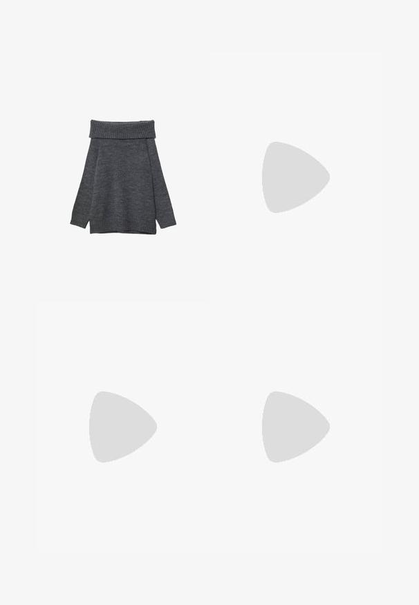 Maglione grigio scuro con un ampio scollo a costine a spalla scoperta. Maniche lunghe e vestibilità morbida con polsini e orlo a costine. Texture morbida.; Pantaloni grigi a campana in un tessuto morbido, con vita piatta, passanti per la cintura e un design su misura con linee pulite.; Sandal con tacco in vernice nera, punta affilata, tacco piccolo e un grande fiocco in evidenza sulla tomaia. Texture liscia e design elegante.; Borsa a spalla in vernice nera con forma curvata, una tracolla, tasche frontali e dettagli in metallo argentato.