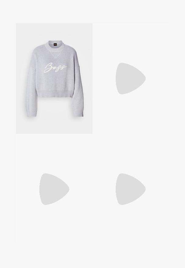 Light gray cropped sweater with ribbed texture, wide sleeves, and a knitted crew neckline. Features white "Boss" logo on the front.; Black tailored trousers with a straight-leg design, featuring a smooth texture and crisp creases along the front. No visible hardware.; Black leather mules with a pointed toe and low, block heel. Smooth texture with a sleek design. Open back with minimal detailing.; Black leather handbag with a structured design, featuring a cropped shape, top handle, and gold hardware accent. Adjustable shoulder strap included.
