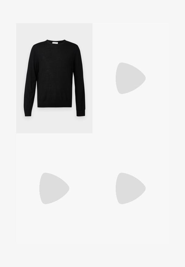 Black long-sleeve sweater made from soft fabric, features a round neckline, ribbed cuffs, and a straight hem. Minimalist design, no patterns.; White, tailored trousers with a flat front, two pleats, and rolled cuffs. Made of a smooth fabric with a button closure at the waist.; Black woven slip-on shoe with a smooth leather accent on the upper, a round toe design, and a low-profile rubber sole.; Blue rectangular sunglasses with dark lenses, matte navy frame, logo detail on the temple, straight arms, and a solid, smooth texture.