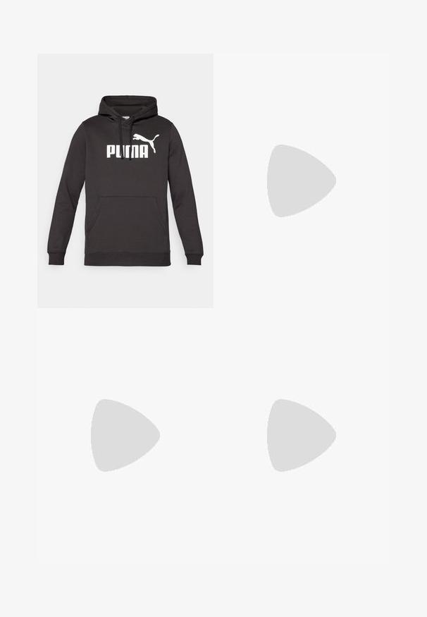 Black hooded sweatshirt with a front kangaroo pocket, featuring a prominent white "PUMA" logo and a white puma silhouette. Soft fabric texture.; Black cotton T-shirt featuring a white New Balance logo and graphic design on the front. Short sleeves and a crew neck.; Beige cargo pants made of fabric with an elastic waistband and button closure. Features two side pockets and a straightforward design.; Black athletic sneakers with glossy and mesh textures, featuring a thick sole and laces, paired with loose olive-green cargo pants.
