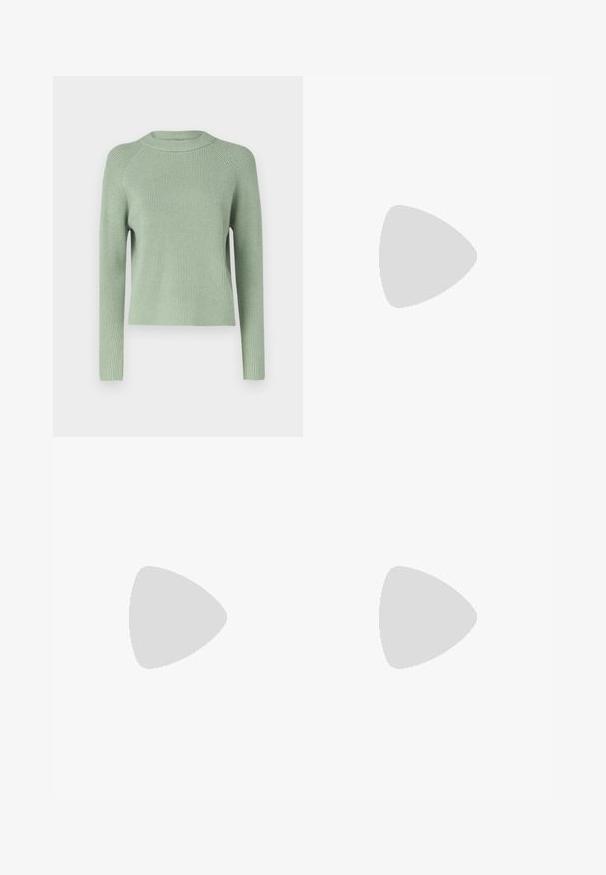 Hellgrüner, gerippter Strickpullover mit langen Ärmeln und Rundhalsausschnitt. Besitzt eine enge Passform und eine strukturierte Oberfläche. Keine sichtbaren Metallteile.; Noisy May NMJANNEL LOOSE - Jeans Relaxed Fit - black denim; Schwarze Leder-Plateau-Slipper mit runder Spitze und breitem Riemen über dem Spann. Merkmale eine klobige, quadratische Ferse und eine glatte Textur.; Frau mit langen dunklen Haaren, die einen schwarzen Anzug trägt und eine schwarze Lederschultertasche hält, schaut über ihre Schulter vor einem weißen Hintergrund.; Silberne Creolen mit minimalistischem Design. Rundform, glatte Oberfläche und dünnes Profil. Leichtgewichtig mit hochglänzender Oberfläche.
