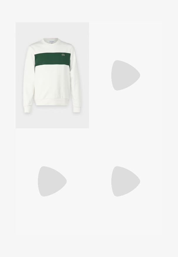 Lacoste Felpa - flour/green; Jeans di denim azzurro chiaro con una vestibilità ampia, gambe dritte, design a cinque tasche e chiusura con bottone in vita. Dettagli di cucitura minimalista.; Sneaker Lacoste grigie scure in materiale mesh e sintetico, con suola testurizzata e dettagli marroni sul colletto e sul branding.; Marsupio in stampa tie-dye blu scuro con una parte superiore con zip, materiale testurizzato e un logo ben visibile sul davanti.