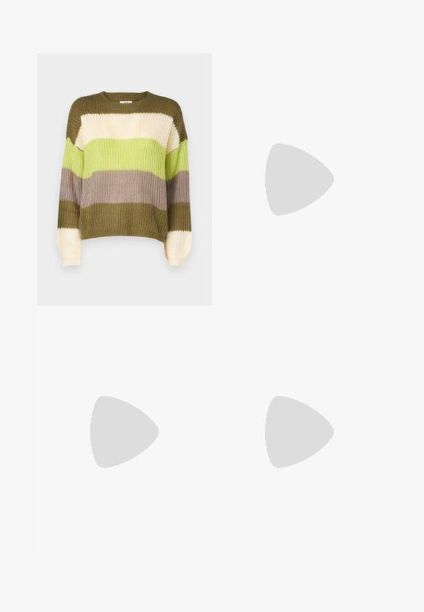JDY JDYBADUT PULLOVER - Trui - winter moss; Beige corduroybroek met een losse pasvorm, voorzien van een tailleband met trekkoord, twee voortassen en een verticale ribbelstructuur.; Lichtgrijze sneaker van suede en mesh, met drie witte strepen, ronde neus en een gumrubberen zool. Gouden logo-accent bij de veters.; Groen tanktop met kanten details op de schouder en de halslijn, met een slim-fit ontwerp en zachte stof. Gecombineerd met lichtgekleurde broeken.