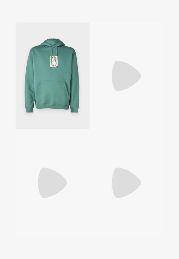 Volcom NODER  - Hoodie - sea green; Zwarte denim wide-leg broek met een hoge taille, voorzien van vijf zakken en een knoopsluiting. Stof heeft een zachte textuur en een lichte rek.; Witte leren sneakers met een grijze suède neuskap, drie horizontale witte strepen, blauwe accenten en een bruine rubberen loopzool. Geweven detail op de zool.; Zwarte ovale zonnebril met donkere lenzen, dikke monturen en zilveren stipaccenten aan de zijkanten. Gladde kunststof materiaal, hedendaags ontwerp.