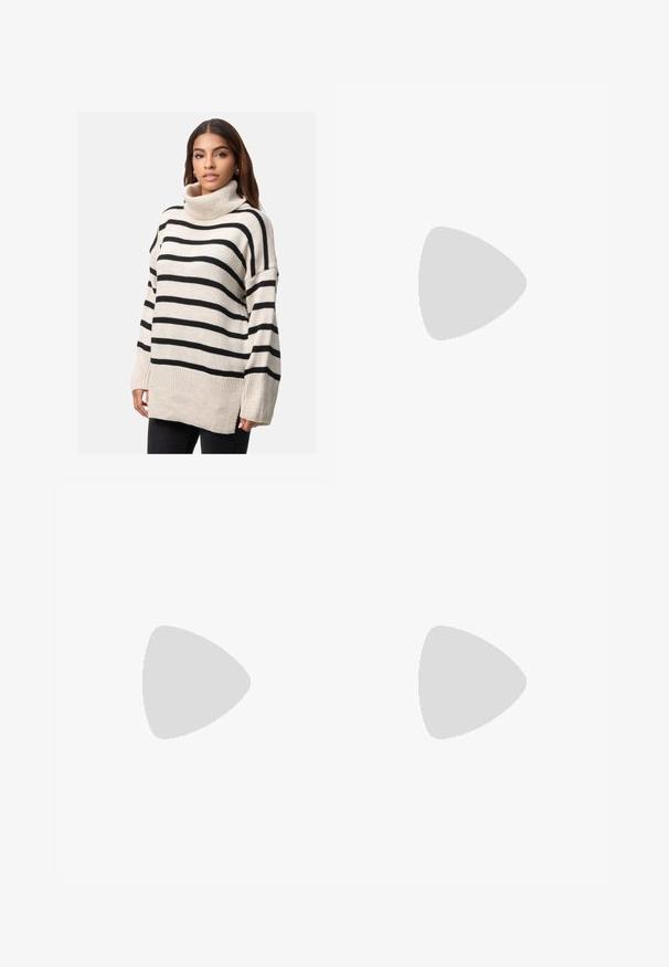 Elara Maglione - beige; Pantaloni neri a gamba dritta, con tasche frontali e spacchi laterali all'orlo. Realizzati in tessuto morbido e liscio. Adatti a diverse occasioni.; Sandali con tacco in vernice nera, con punta squadrata, cinturini alla caviglia e fibbie in argento. Presentano un tacco a blocco spesso per maggiore stabilità.; Borsa tote in pelle nera con texture liscia, forma rettangolare e due manici lunghi. Nessun hardware o decorazione visibile.