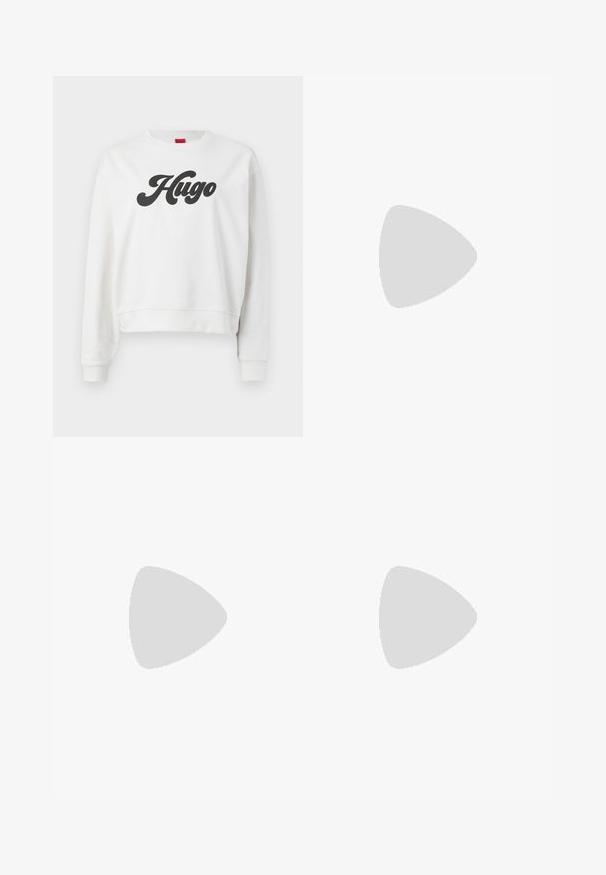 Hvit hettegenser med cropped design, med lange ermer og buet halslinje. Svart "Hugo"-logo vist fremtredende på forsiden.; Plissert hvit skjørt med en svart elastisk midje som har "LACOSTE"-logoen. Midjelengde design med myk tekstur.; Hvite lær sneakers med tykk hvit såle, svart semsket hælforsterkning og preget logo på siden. Snøresystem med seks hull.; Store svarte solbriller i overdimensjonert størrelse med geometrisk form, med mørke linser og en kontrasterende grå detalj på rammen. Logo på armen.