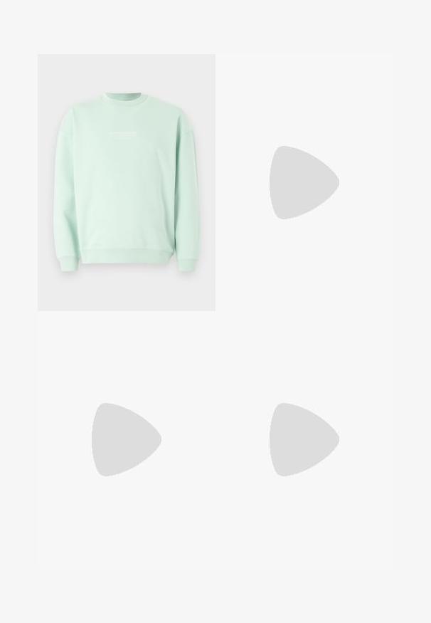 Mintgrøn sweatshirt med lange ærmer, en rund halsudskæring og et lille hvidt logo på forsiden. Blødt stof med en enkel tekstur.; Linnedragt i off-white med elastisk talje, snøring og sideslids ved kanten for justerbar pasform.; Sorte og grå sportssko med mesh og ruskind på overdelen, der har en hvid mellemsål, snørebånd og et iøjnefaldende "N" logo på siden.; Grønne rektangulære solbriller med solide mørke linser, tykke gennemsigtige stel og en let blank finish. Accenter på stængerne.; Sølvmetal ur med en børstet blå urskive, hvide timemarkører og en datovisning. Har et sammenkædet metalarmbånd og brandlogo.