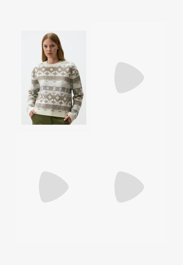 Knit sweater featuring an ivory base with geometric patterns in brown and blue. Round neck, ribbed cuffs, and hem, made from soft material.; Brown wide-leg trousers made of a smooth fabric, featuring a high waist, front pleats, and two side pockets.; Black patent leather slingback heels with a pointed toe and a geometric block heel. Features a sleek, minimal design and smooth texture.; Black leather tote bag with smooth texture, rectangular shape, and two long handles. No visible hardware or embellishments.