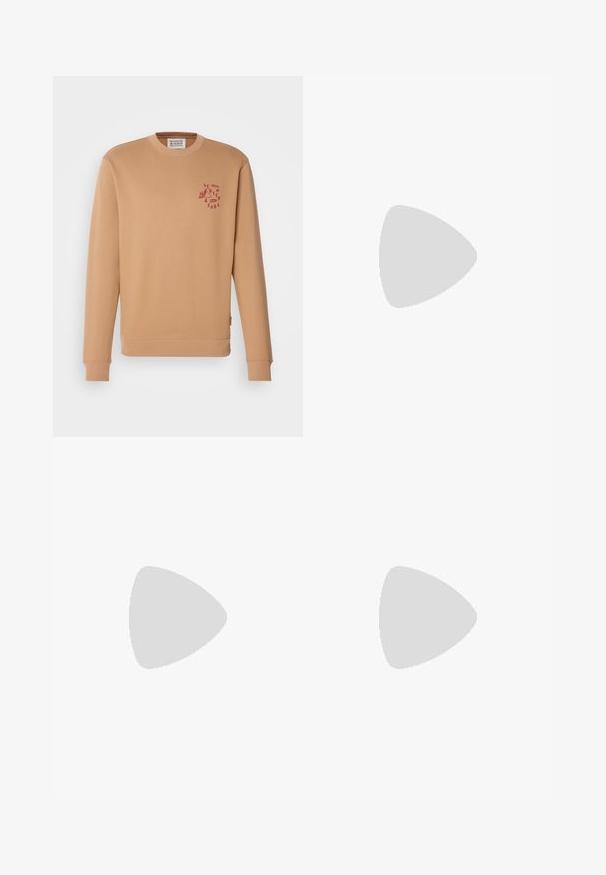 Scotch & Soda REGULAR FIT LEFT CHEST LOGO - Sweatshirt - soft camel; Light grey denim pants with a straight-leg design, five-pocket styling, and a button closure. Visible stitching along the seams.; Suede and textile sneaker in green, brown, and beige with three white stripes. Features a light pink accent on the heel and textured outsole.; Round sunglasses with a thin black metal frame, dark lenses, and adjustable nose pads. The arms feature a subtle brand detail.