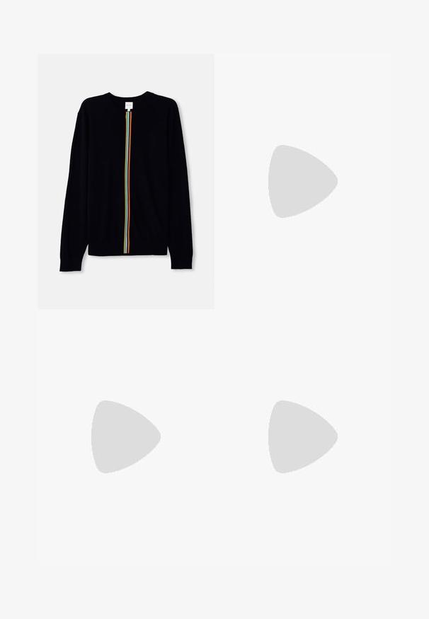 Mustapaita, jossa on pitkät hihat ja keskellä pystysuora sateenkaaren väreissä oleva raita. Pehmeää neulosta, jossa on ribbireunat.; Filippa K TERRY CROPPED TROUSERS - Housut - sage melange; Valkoinen nahkakenkä, jossa on sileä pinta, pyöreä kärki, tasaiset nauhat ja teksturoitu pohja. Sisältää huomaamattoman logon kantapäässä.; Musta pyöreä aurinkolasit tummilla linsseillä ja kapeilla metallikehyksillä. Sisältää kirkkaat temppelet ja hopeiset yksityiskohdat saranassa. Minimalistinen muotoilu.