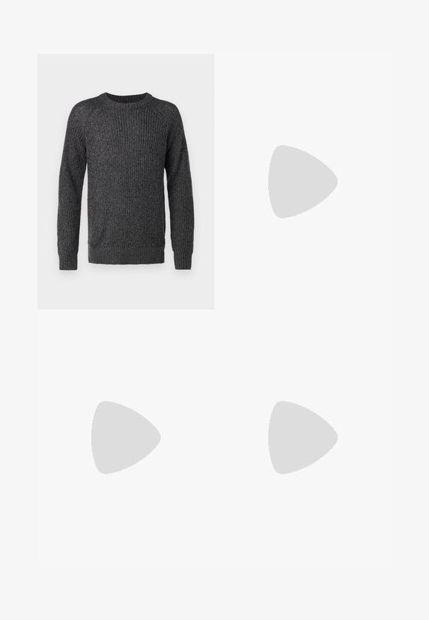 Jack & Jones JJJONES CREW NECK - Strickpullover - asphalt; Schwarze Jeans aus Denim mit geradem Bein, Fünf-Taschen-Design und metallischen Elementen mit Kupferakzenten. Glatte Textur und mittelhoher Bund.; Weiße Leder-Sneaker mit glatter Oberfläche, rundem Zehenbereich, flachen Schnürsenkeln und strukturiertem Schuhsohlen. Graues Wildleder-Detail an der Ferse.; Schwarze rechteckige Sonnenbrille mit dunklen Gläsern. Glänzender Rahmen, gerade Bügel mit leichter Krümmung. Minimalistisches Design, keine Verzierungen.