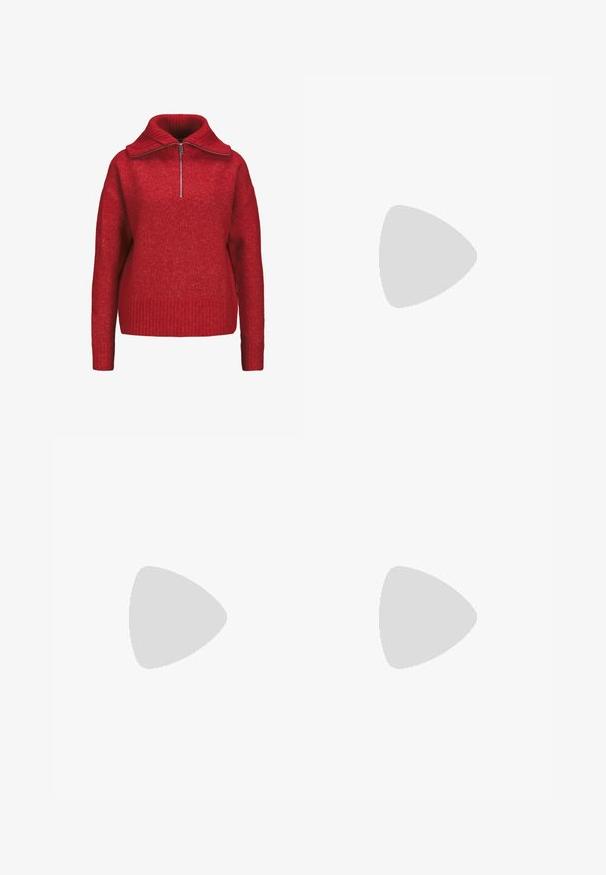 Rdeča zip-up jopica z visokim, rebrastim ovratnikom. Mehka tekstura, ohlapen kroj ter rebrasti detajli na manšeta in robu. Narejena iz toplega materiala.; Široke temno modre kavbojke z visokim pasom, klasičnim pet-imenskim dizajnom in vidnimi šivi. Gladka tekstura, enostavna površina.; Rde mrežaste balerinke s koničastim prstom, ki imajo tanek trak in podrobnost z zaponko. Zgornji del ima odprt, satasti vzorec.; Komplet osmih kovinskih uhani v srebrnih in zlatih odtenkih. Vključuje različne obroče, stile, teksture in končne obdelave, razporejene po velikosti.