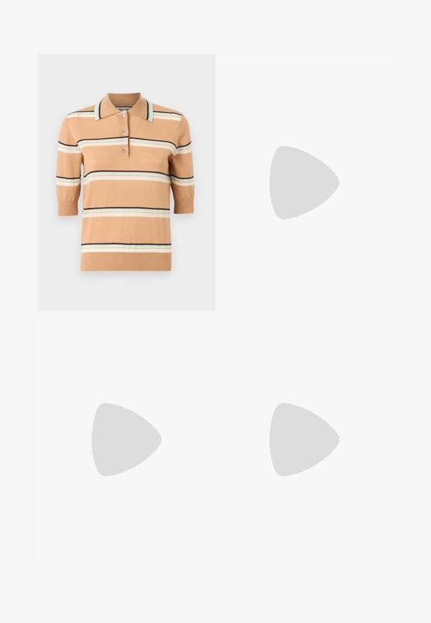 Polo en tricot beige à manches courtes, présentant des rayures horizontales multicolores en bleu clair, crème et marine. Patte de boutonnage à trois boutons.; Polo à manches courtes crème avec des rayures noires. Présente une patte de boutonnage, une texture tricotée et un design ajouré pour la ventilation.; Pantalons à jambes larges d'une couleur brun chaud, avec une texture lisse, une taille haute et des coutures blanches contrastantes le long des coutures.; Ballerines en cuir noir avec un bout rond, texture lisse, détails de couture minimalistes et design de semelle flexible.; Sac en cuir verni bordeaux avec un design structuré, une fermeture zippée sur le dessus et une bandoulière amovible. Accents en métal doré.