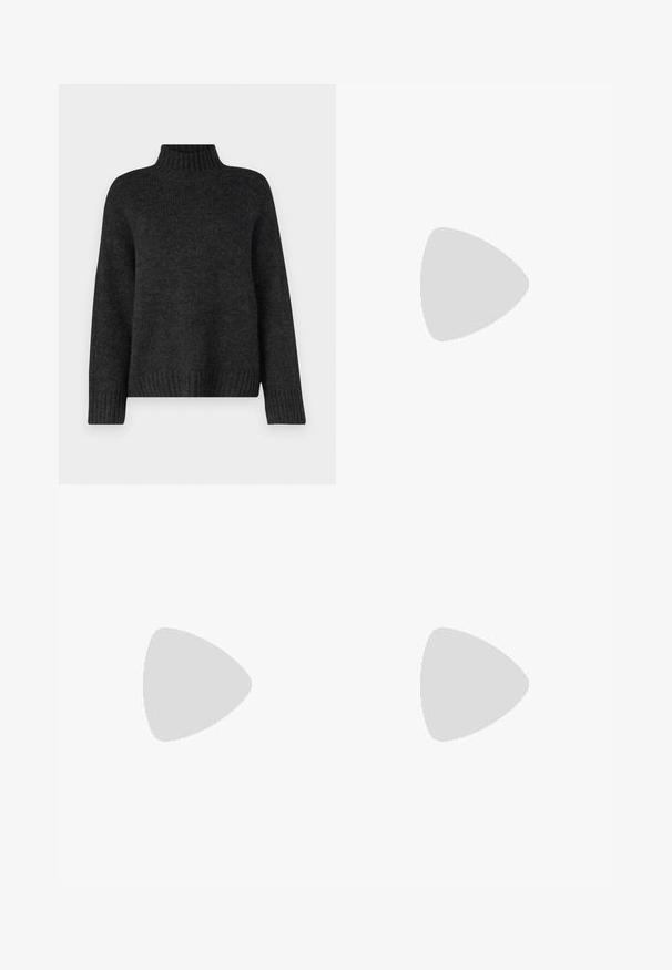 Pulover tricotat de culoare gri închis, cu guler înalt, mâneci lungi și mansete și tiv cu model din jerseu. Textură moale și croială lejeră.; Jeansi fendi bordeaux din corduroy, cu cinci buzunare, închidere cu nasture frontal și țesătură texturată. Flarurile se extind de la genunchi până la tiv.; Loafers negri din piele cu platformă, cu vârf rotund și o curea lată peste vamp. Dispune de un toc gros, pătrat și o textura netedă.; Ochelari de soare în stil cat-eye, cu o ramă din material cu tortoiseshell negru și portocalie, lentile maro și vârfuri elegante, ascuțite. Prezintă un logo minimal pe brățara ochelarilor.