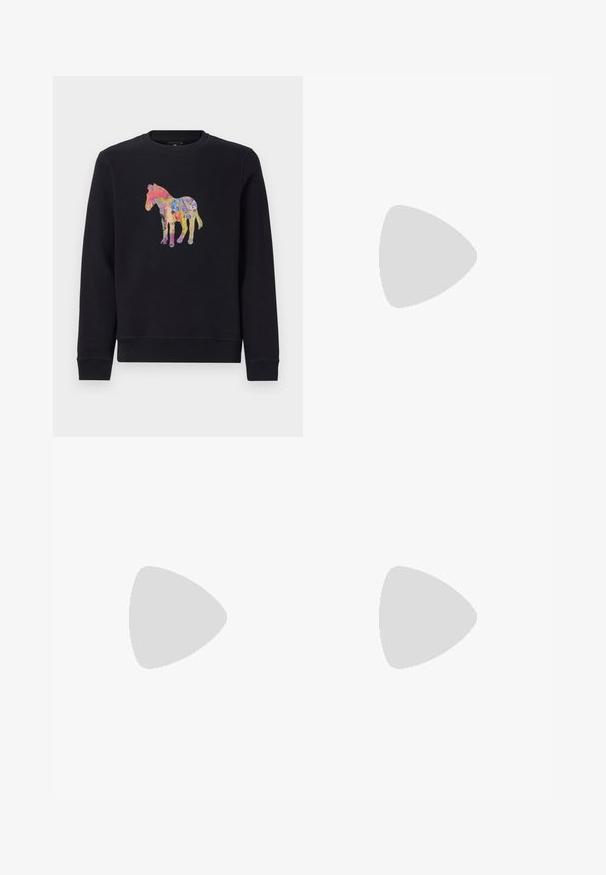 Black sweatshirt featuring a colorful graphic of a horse. The design showcases various shades including pink, blue, and yellow.; Black straight-leg velvet pants with elastic waistband and front drawstring, displayed against a plain white background.; Black leather sneakers with multicolored striped accents, round toe, and white rubber soles, featuring lace-up design and embossed branding.; Multicolored beaded necklace with dark blue, red, and yellow beads, interspersed with silver accents and a dangling charm.