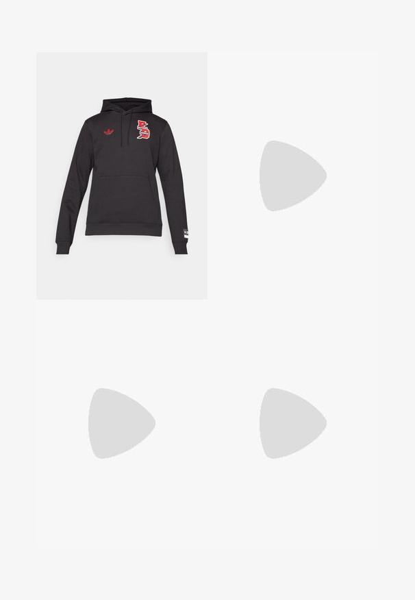 Huvtröja i mörkgrått tyg med en framficka, röd broderad logga och Adidas trefoil på vänster bröst.; Svart t-shirt med kort ärm och vita tre-randiga detaljer på axlarna samt en liten vit logotyp på bröstet. Slät tygtextur.; adidas Originals Träningsbyxor - black; Svarta och vita sportskor med överdel i mocka och syntetmaterial, med tre distinkta vita ränder, gummisula och guld "Predator"-text.