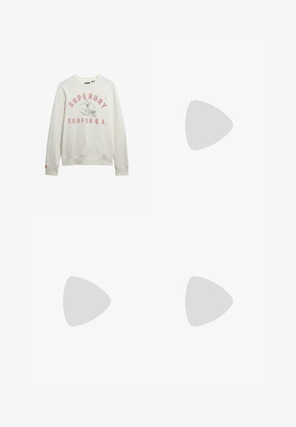 Sudadera color crema en mezcla de algodón con puños acanalados, presenta un gráfico desteñido de un surfista y el texto "SUPERDRY SURFER C.A." en rojo.; Camiseta blanca de manga corta hecha de algodón, con un cuello redondo y una textura suave, con un corte recto y sin patrones.; Jean de mezclilla negra con un diseño de pierna recta, que presenta bolsillos frontales, un cierre de botón y una ligera textura. Incluye un detalle de logo sutil.; Zapatilla deportiva blanca con parte superior de malla texturizada, acentos reflectantes y suela acolchada. Logotipo de la marca notable en el costado.; Gafas de sol rectangulares negras con lentes oscuros, acabado brillante, patillas anchas y un diseño de marco robusto. Nombre de la marca grabado en una de las patillas.