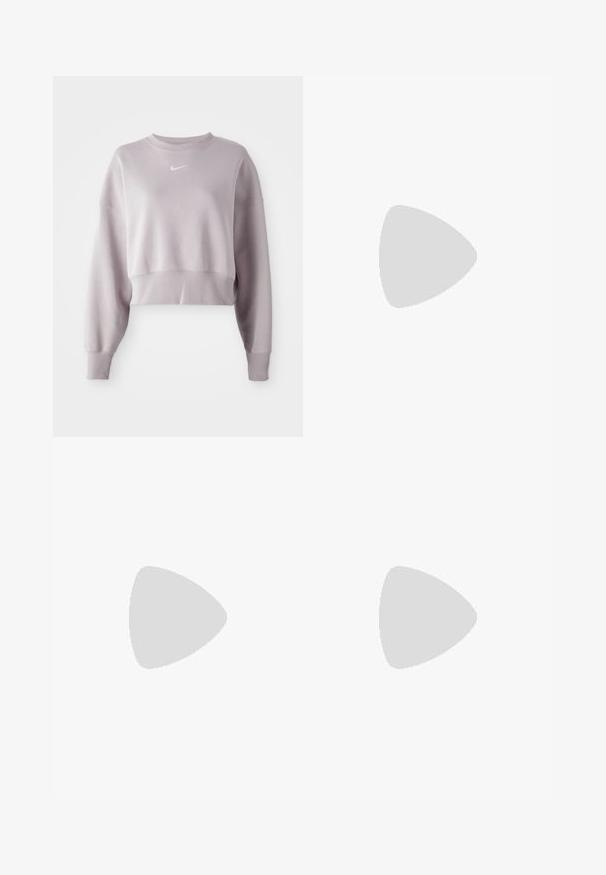 Lühendatud helelilla dressipluus pikemate varrukatega, soonikute äärtega ja väikese valge Nike logo'ga rinnal. Pehme kangas.; Heled lilla fliisist valmistatud dressipüksid, millel on elastne vöökoht, nööri tõmbamise võimalus, küljetaskud ja elastsed mansetid, näidatud tasapinnal valge tausta peal.; Heledad hallid spordijalatsid, millel on sidesilmustega ja sünteetilisest ülemisest osa, pehme krae ning tekstuuriga põhi, mis tagab haarduvuse.; Aviatori prillid, millel on gradient sinine objektiiv, hõbedane metallraam ja dekoratiivsed staaraktsendid objektiivil. Sujuv ja stiilne disain.