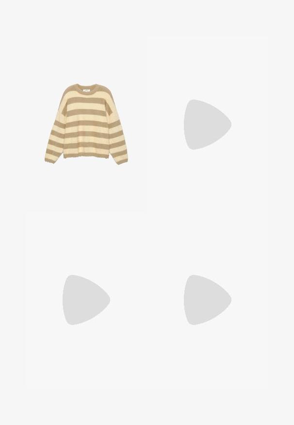 Beiger und cremefarbener gestreifter Pullover aus flauschigem Material. Verfügt über einen runden Halsausschnitt und weite Ärmel mit einem verkürzten Saum. Weiche Textur.; Dunkelgraue weite Jeans aus Denim mit Vorder- und Hintertaschen, Knopfverschluss und dezentem, ausgewaschenem Detail.; Blaue Sportschuhe mit einem Obermaterial aus Wildleder, ausgestattet mit einem weißen Seitenpanel und einer schwarzen Gummisohle. Enthält ein erhabenes PUMA-Logo an der Seite.; Geflochtene olivgrüne Handtasche mit runder Form und gedrehter Tragegriff. Strukturiert Oberfläche mit diagonaler Musterung. Reißverschlussverschluss.