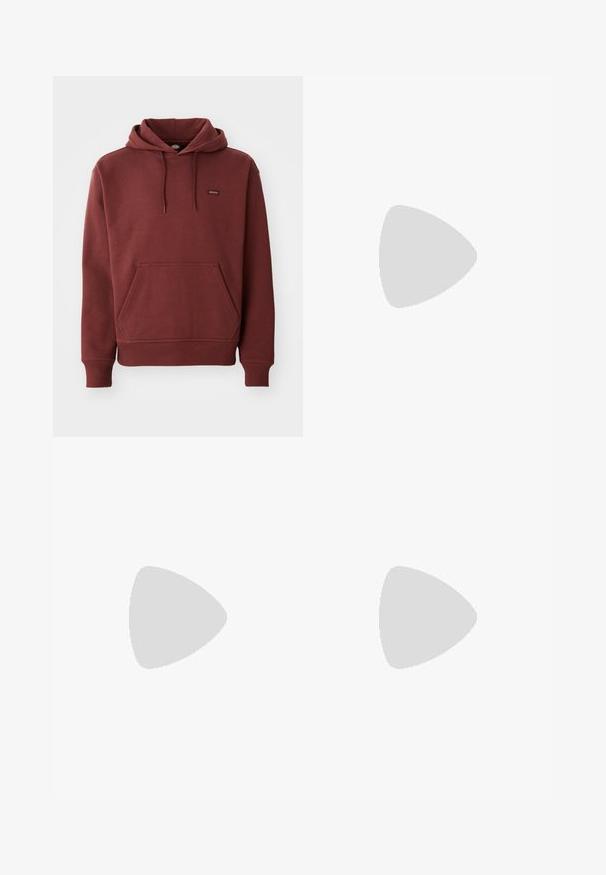 Maroon hoodie made of soft fabric featuring a kangaroo pocket, ribbed cuffs, and hem, with a small logo tag on the chest.; Three white ribbed tank tops made of cotton. Features a crew neck and small black labels near the hem. Available in multiple sizes.; Olive green, high-waisted pants with a straight leg design. Made of a lightweight fabric, featuring front pleats and a button closure.; Black leather loafers with a stitched design, tassel detail, and a textured sole, set against a yellow gradient background.