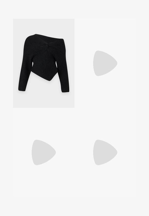 Black, ribbed knit sweater with an off-the-shoulder design, featuring a twisted detail at the back and long sleeves.; Wide-leg camouflage jeans in shades of gray, made of denim, featuring two side pockets and a high waist design. Textured fabric with a printed pattern.; Black leather ballet flat with a rounded toe, smooth texture, minimal stitching detail, and a flexible sole design.; Tortoiseshell glasses with oval lenses, featuring a glossy finish, slim arms, and subtle patterns resembling a tiger's stripes.