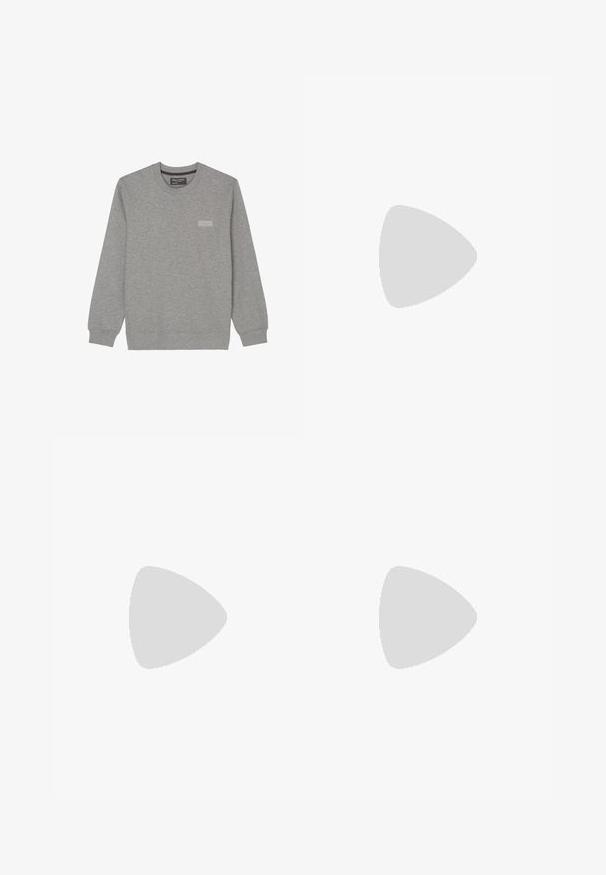 Marc O'Polo Melegítőfelső - grey melange; Fehér pamut póló rövid ujjal, kerek nyakú, laza szabású, és nincsenek látható logók vagy minták. Simább textúra és minimalista dizájn.; Magasan szabott, bővebb szabású farmernadrág fakó fekete denim anyagban. Öt zsebbel, övhurkokkal és tiszta, egyenes lábszár dizájnnal rendelkezik.; Szürke és fehér sportcipő, velúr és bőr felsőrésszel, kerek orral, lapos fűzőkkel és gumitalppal, amelyen rágógumi színű díszítés található.