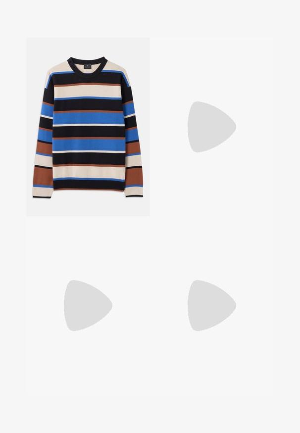 Kootud sviiter, millel on horisontaalsed triibud sinises, mustas, beežis ja pruunis, ribitud kaelaauk ja varrukaotsad. Keskmise kaaluga tekstuur.; Filippa K TERRY CROPPED TROUSERS - Püksid - sage melange; Valge nahast tennis, millel on sile põhi, ümar varvas, lamedad nöörid ja tekstuuriline tall. Sisaldab diskreetset logo kontsaribal.; Mustad mustad prillid tumedate läätsedega ja õhukeste metallist käepidemetega. Kaarja kujuga seljaosa ja hõbedased aktsendid hingel. Minimalistlik disain.