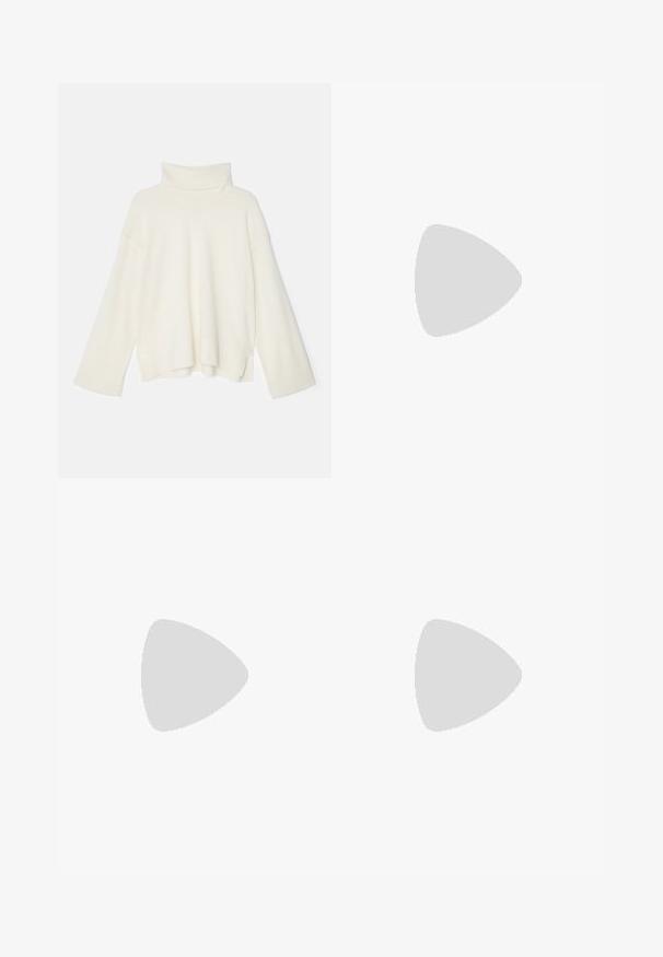 Light cream turtleneck sweater, oversized fit, ribbed texture, dropped shoulders, and wide sleeves, made from a soft knit fabric.; Wide-leg black trousers made of smooth fabric, featuring a flat waistband, pleats, and side pockets. Clean lines with minimal detailing.; Black leather slingback heel with a pointed toe, minimalist design, thin ankle strap, and a sleek stiletto heel. Smooth texture.; Brown leather handbag with a gold clasp, a flat design, short handle, and an adjustable shoulder strap. Smooth texture with a structured silhouette.