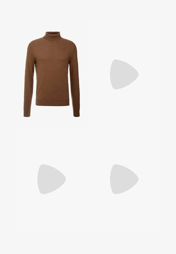 Brauner Rollkragenpullover aus weichem Stoff, mit langen Ärmeln, gerippten Bündchen und tailliertem Schnitt ohne sichtbare Muster.; Braune Cordhosen mit vertikal gerippter Textur, geradem Schnitt, Knopfverschluss und Gürtelschlaufen. Glattes Gewebe mit weicher Oberfläche.; Braune Lederloafers mit runder Spitze, gesteppten Akzenten und einer niedrigen Gummisohle. Das Design verfügt über ein Band über dem oberen Teil.; Braune Leder-Laptoptasche mit strukturierter Oberfläche, doppelten Obergriffen, verstellbarem Gurt und zwei vorderen Schnallen für zusätzlichen Detailreichtum.