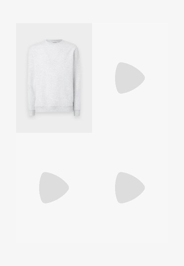 Light gray sweatshirt made of soft fabric. Features a crew neck, ribbed cuffs, and waistband with a slightly textured finish.; Dark blue denim jeans with a straight-leg design. Features visible stitching, a button closure, and front pleats for added detail.; Black low-top sneaker with white stripes, black laces, textured black sole, and white heel accent, branded "JACK & JONES" on side.; Black leather crossbody bag with a zip closure, embossed logo on the front, and adjustable strap. Smooth texture with a rectangular shape.