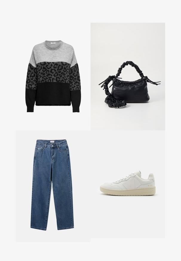 ONLY ONLJADE O NECK - Neule - light grey; Classiset siniset farkut suoran lahkeen muotoilulla, viidellä taskulla ja napillakaan. Ominaisuudet: keskivahva pesu ja kestävä rakenne.; Valkoiset nahkakengät, joissa on rei'itetty varvasosa, kontrastoiva beige kumipohja sekä logo-yksityiskohtia sivuilla ja kantapäässä. Minimalistinen muotoilu.; Must-have mustekahvi nahkalaukku krokotiiliaistalla, kiristetty yläosa ja rypistetty hihna. Näyttää pehmeältä ja kompaktilta muotoilultaan.