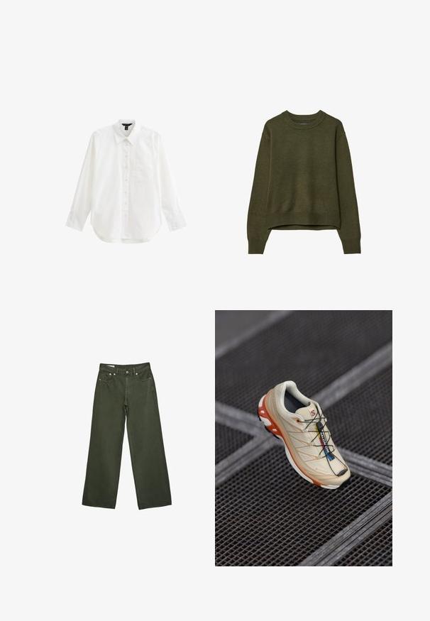 Olive green crewneck sweater with long sleeves and ribbed cuffs and hem, displayed against a white background.; White long-sleeve shirt made of cotton, featuring a button-down front, collar, single chest pocket, and rounded hem. Smooth texture.; Olive green wide-leg pants with front button, zipper, belt loops, and five-pocket design, displayed on white background.; Beige running shoe with orange accents, designed with a textured upper, black outsole, and integrated laces. Features GORE-TEX branding.