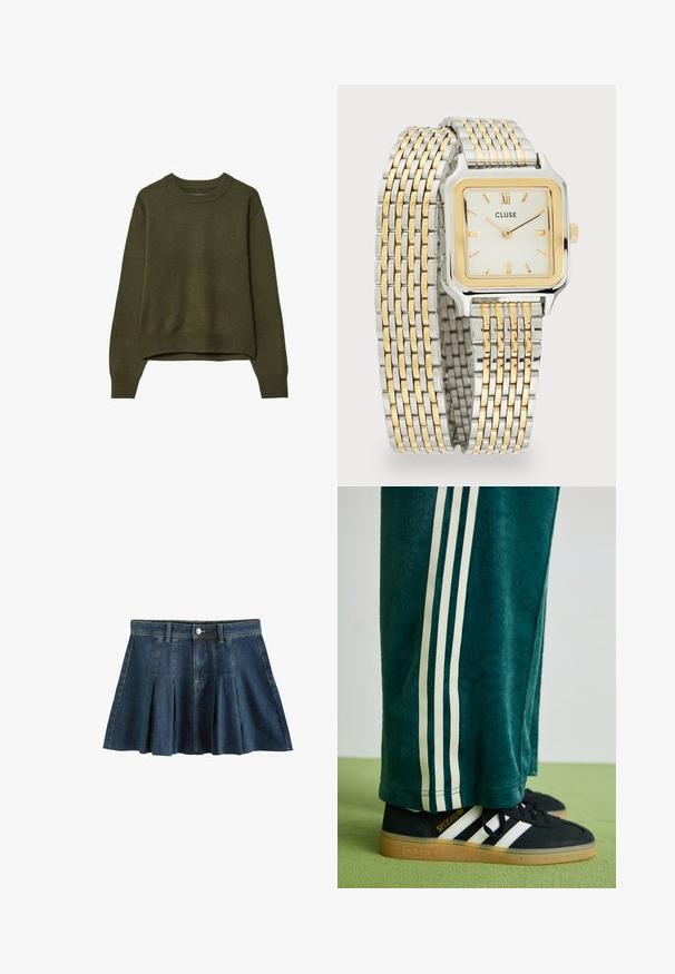 Olivově zelený svetr s kulatým výstřihem a dlouhými rukávy, s žebrovanými manžetami a lemem, vystavený na bílém pozadí.; Next REGULAR FIT - Minisukně - dark blue; Zelené texturované kalhoty s bílými bočními pruhy, spárované s černými teniskami Adidas se třemi bílými pruhy a gumovou podrážkou.; Čtvercové stříbro-zlaté hodinky s bílým ciferníkem, zlatými hodinovými značkami a pleteným kovovým páskem se střídajícími stříbrnými a zlatými články.