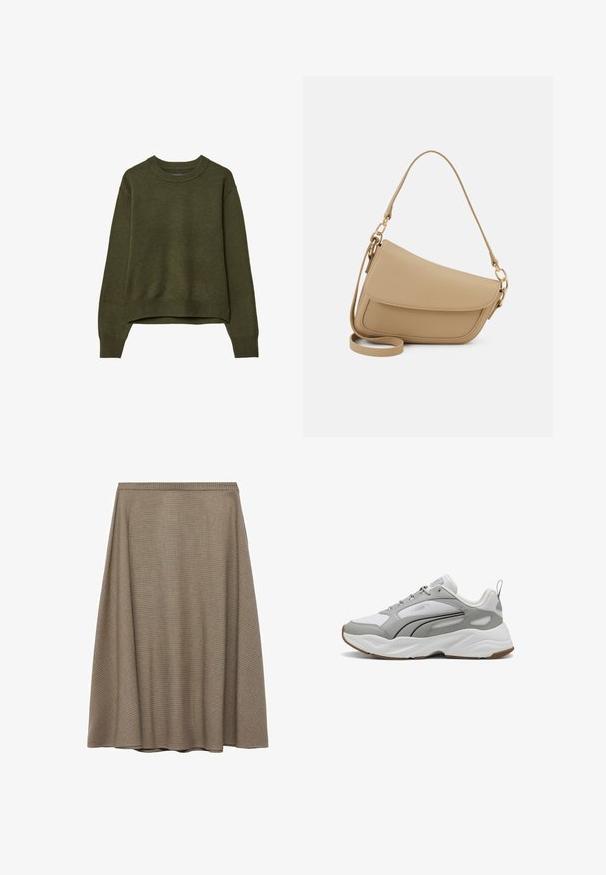 Maglione girocollo verde oliva con maniche lunghe e polsini e orlo a coste, esposto su uno sfondo bianco.; Una gonna A-line lunghezza ginocchio realizzata in un tessuto marrone testurizzato con un sottile motivo a quadri, dotata di una cintura liscia e una silhouette drappeggiata.; Scarpa atletica grigio e bianca con tomaia in pelle testurizzata, suola in gomma e linee di accento. Presenta un colletto imbottito e dettagli riflettenti.; Even&Odd Borsa a mano - beige