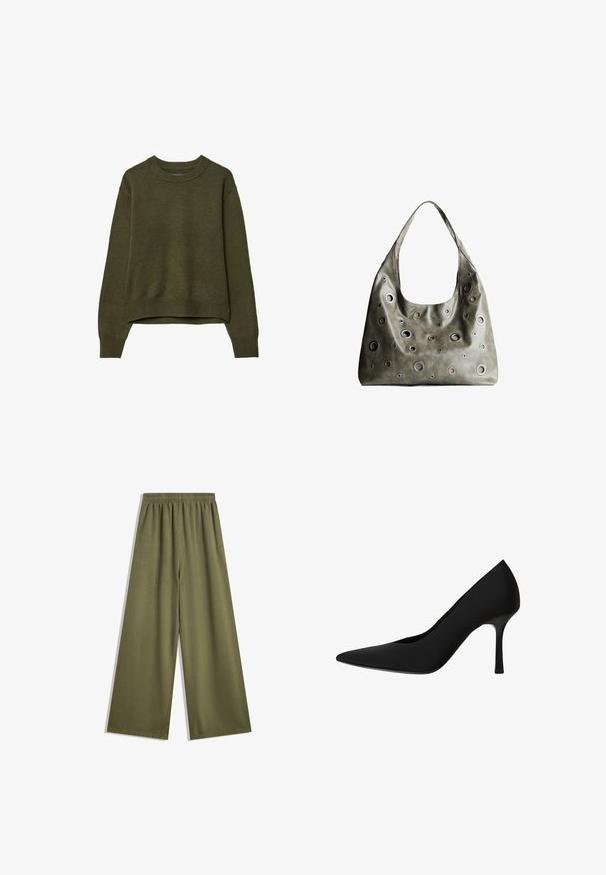 Maglione girocollo verde oliva con maniche lunghe e polsini e orlo a coste, esposto su uno sfondo bianco.; Pantaloni a gamba larga verde oliva con vita elasticizzata, realizzati in un tessuto morbido. Presentano una superficie liscia e cuciture sartoriali per una finitura pulita.; Pump nera con tacco alto realizzata in materiale liscio, con punta affusolata, design elegante e tacco a spillo. Nessun motivo visibile o elementi metallici.; Borsa a tracolla in pelle verde oliva con un design morbido, caratterizzata da tagli circolari di diverse dimensioni e dettagli in tonalità più scure e più chiare.