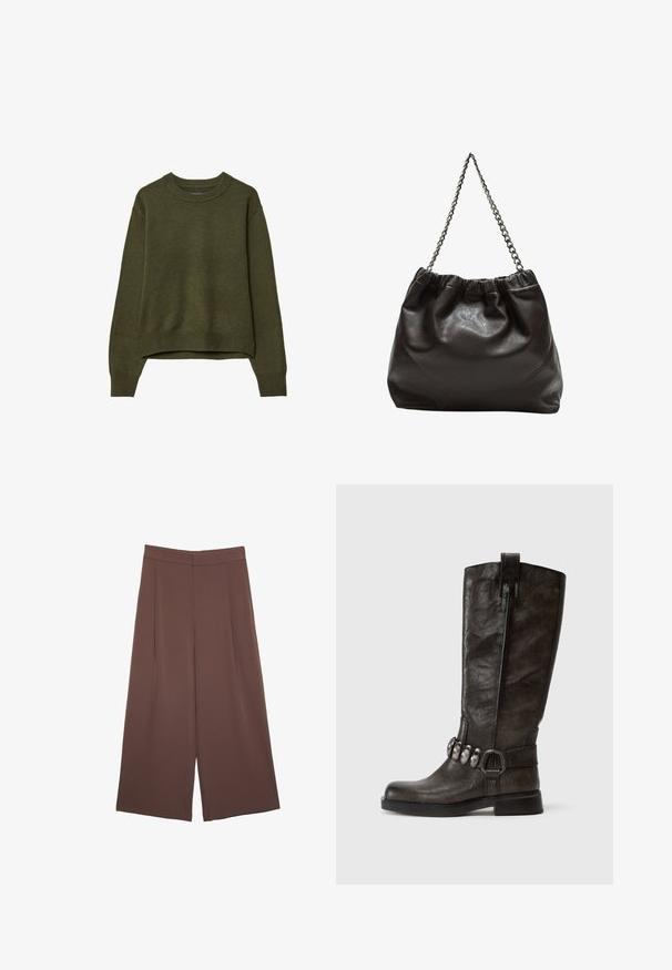 Olivgrüner Rundhals-Pullover mit langen Ärmeln sowie gerippten Bündchen und Saum, vor einem weißen Hintergrund präsentiert.; Braune Weite-Leg-Hosen mit einer glatten Textur, hoher Taille und Vorderfalten. Der Stoff ist leicht und fällt locker.; Tamaris Cowboy-/Bikerboot - cigar; Braune Lederhandtasche mit gerafftem Oberteil und Kettenriemen. Glatte Textur mit glänzendem Finish und subtilen Nahtdetails an den Seiten.