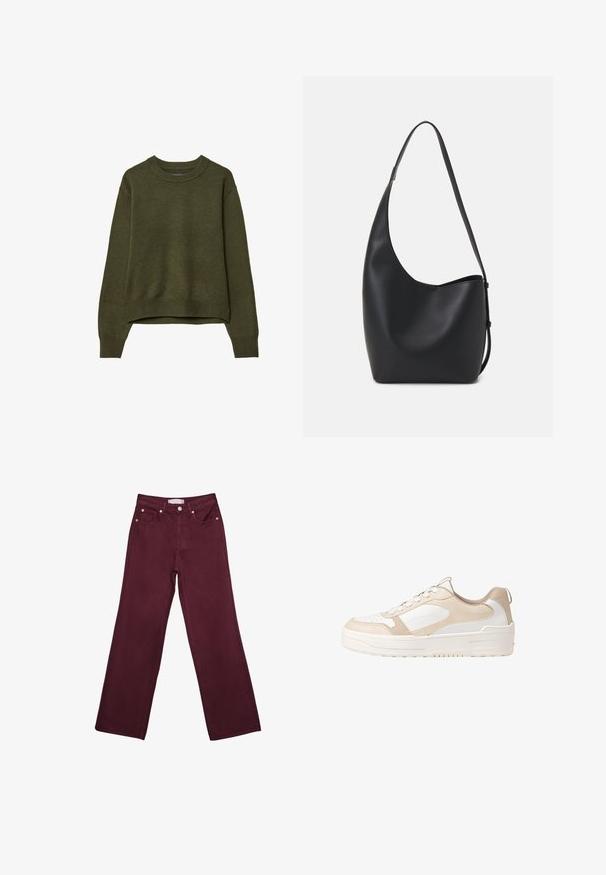 Maslinastozelena majica s dugim rukavima i rebrastim manžetama i rubom, prikazana na bijeloj pozadini.; Burgundske traperice visoki struk, ravnog kroja, s prednjim džepovima, gumbom za zatvaranje i akcentima od bakrenog tona.; Bež i bijeli tenisice s glatkim kožnim gornjim dijelom, perforiranim nožnim dijelom, čipkastim dizajnom, teksturiranim detaljima i debelim gumenim potplatom.; Crna kožna hobo torba s glatkom teksturom, zakrivljenim oblikom i jednom podesivom trakicom; ima širok otvor na vrhu.